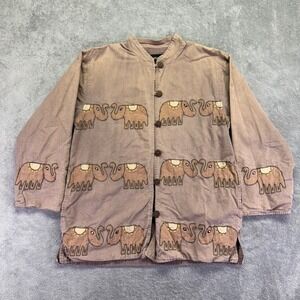 Natural Elephant Applique Cotton Jacket Brown Mauve Boho Mandarin Collar Medium
